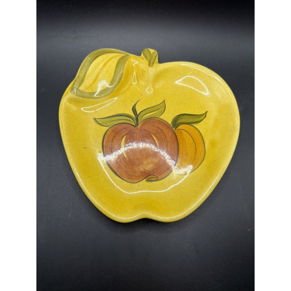 Vintage Los Angeles Pottery Dish 1964 Apple Shape Yellow Hand Painted